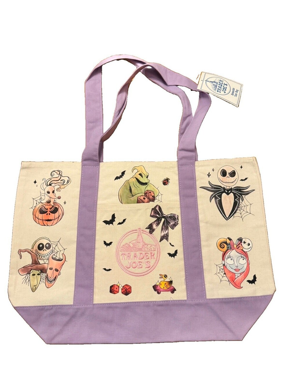 Trader Joe's Disney NBC Themed Canvas Tote Bag with Purple handles